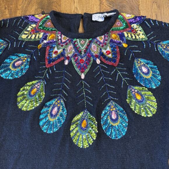 VTG 80’s Cedars Woman Silk Angora Wool Sweater Peacock Feathers Sequin Womens M - Picture 2 of 6